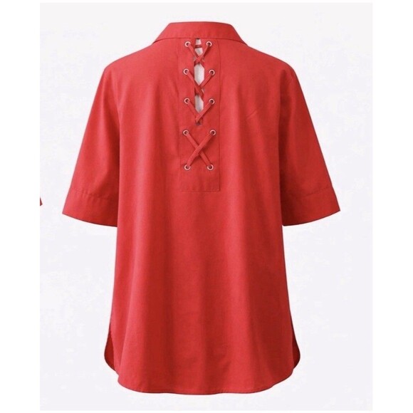 Chico's Tops - Chico’s‎ Red Lace Up Back Button Front Blouse Short Sleeve Tunic Size 2 Large